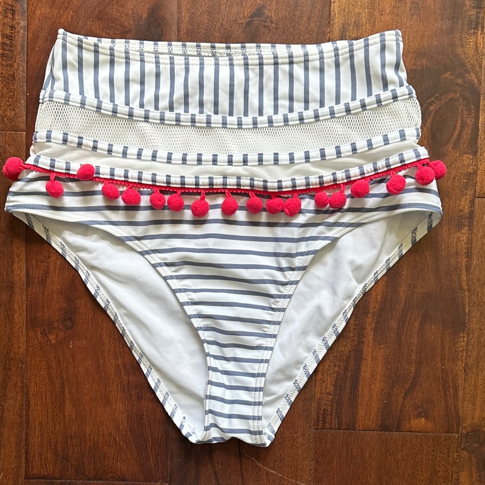 COCOSHIP Blue and White Striped Bikini Bottom with Red Accents